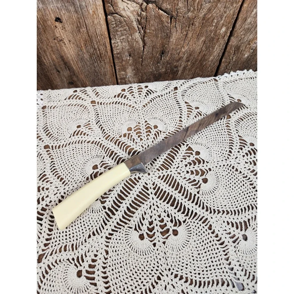 Vtg Regent Sheffield Serrated Slicing Knife MCM Faux Wood Gold Flower England